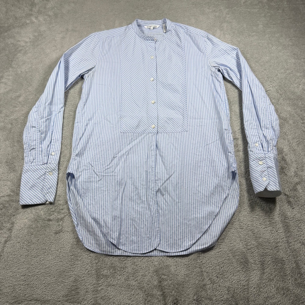 Helmut‎ Lang Tunic Shirt Women XS Blue Band Collar Striped Bib Front Tuxedo